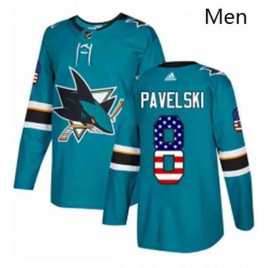 Mens Adidas San Jose Sharks 8 Joe Pavelski Authentic Teal Green USA Flag Fashion NHL Jersey